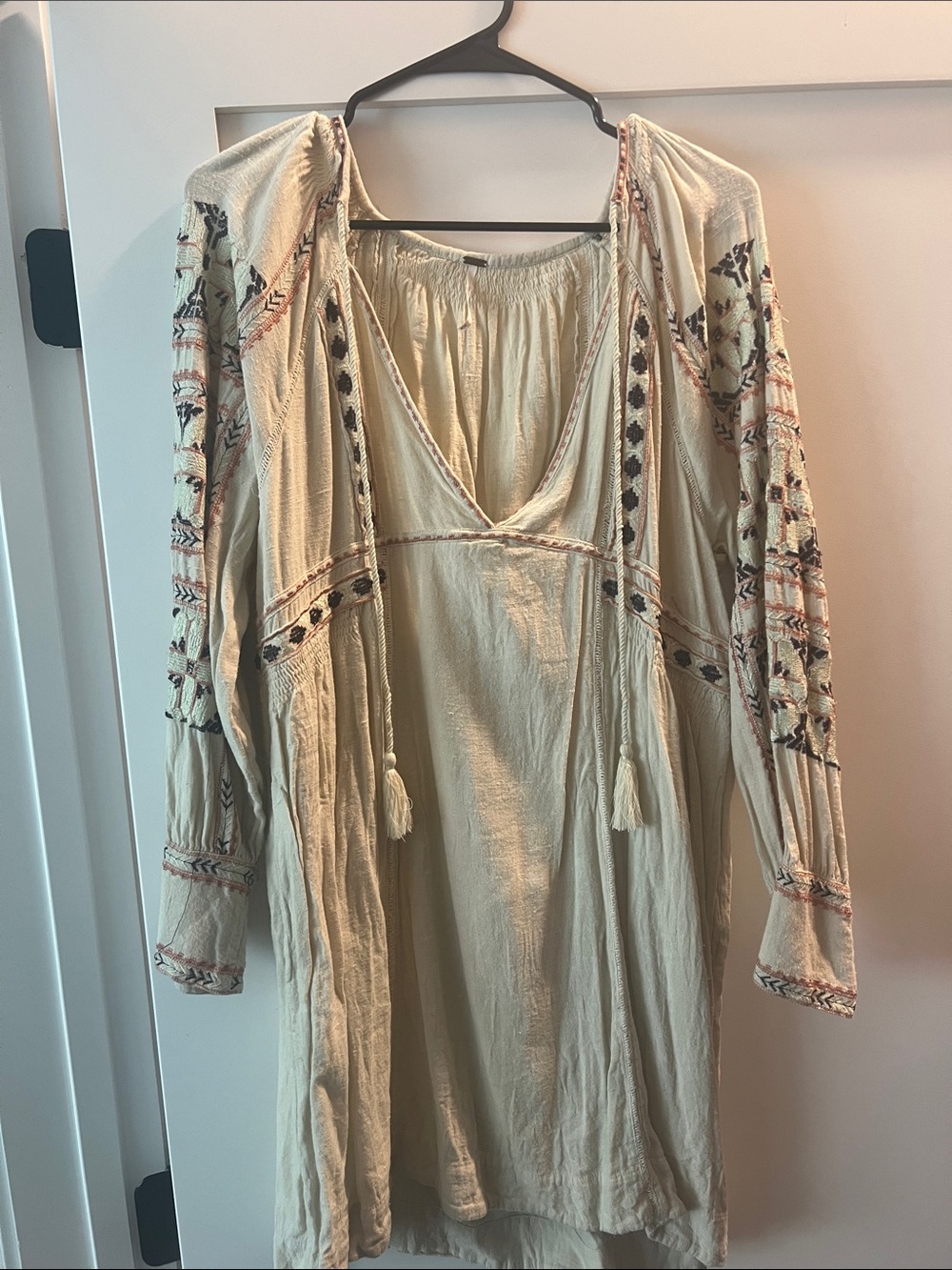 Free People Cream Embroidered V-Neck Dress